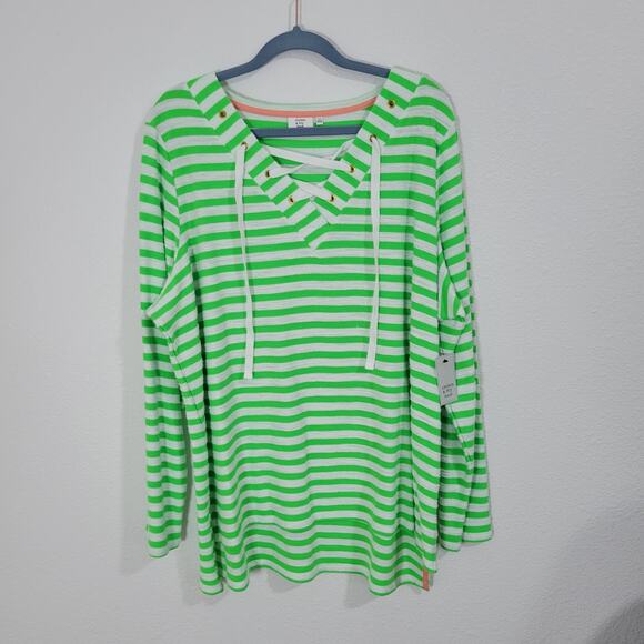 crown & ivy Sweaters - Crown & Ivy Beach Women's Green & White Striped Light Sweater Lace Up Neck 3X